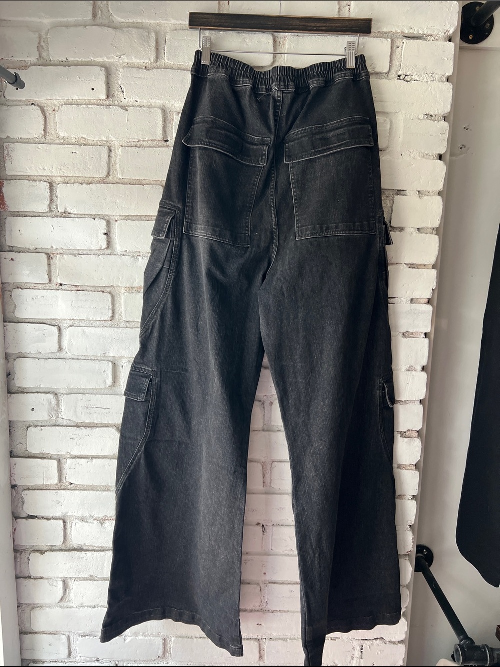 RICK OWENS Men's Black Cargo Work Pants with Drawstring Waist anime wide leg - Picture 4 of 14